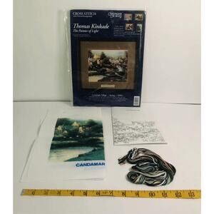 vintage thomas kinkade cross stitch kit with painted background lamp light villa